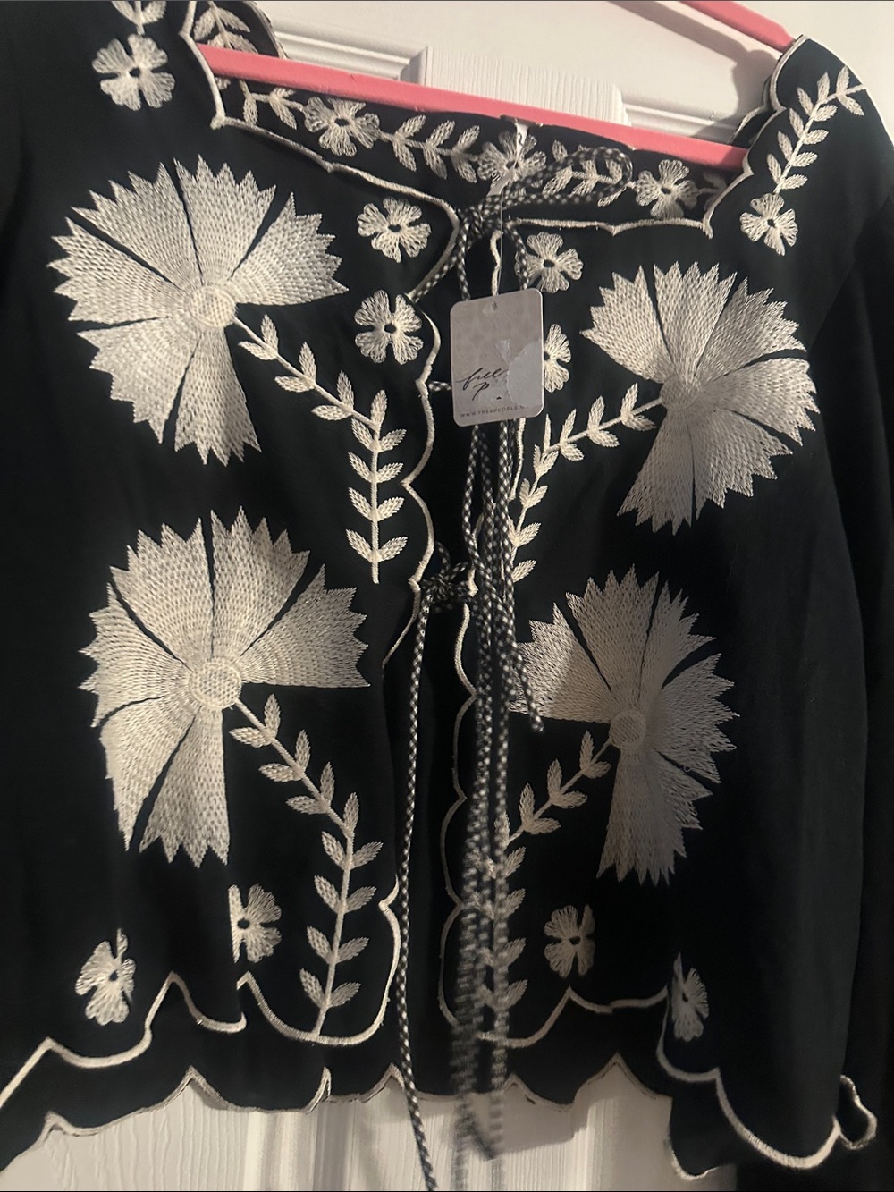 Free People Black Cropped Peasant Top with Cream Embroidery - Picture 4 of 6